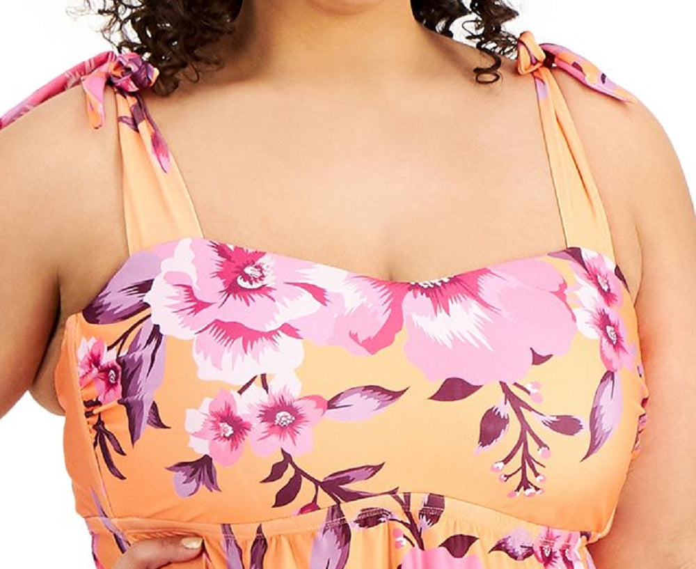 Becca Etc Women's Plus In Full Bloom Printed Tankini Top Swimsuit Orange Size 2X
