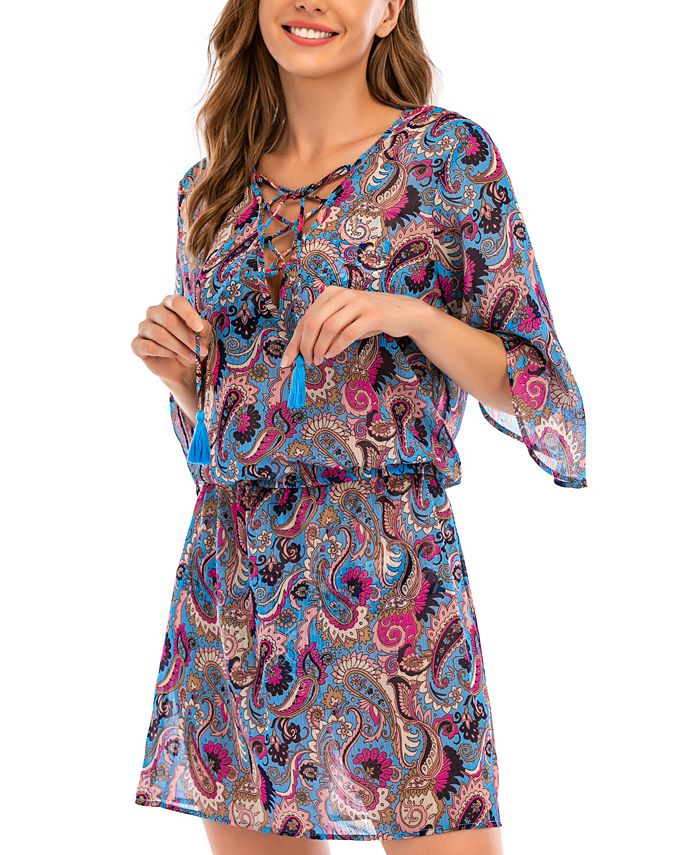 Lucky Brand Women's Paisley Poolside Charm Tunic Swimsuit Blue Size X-Small