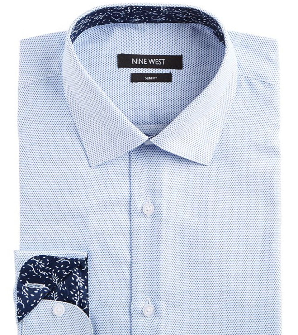 Nine West Men's Slim Fit Wrinkle Free Performance Stretch Dot Ground Dress Shirt Blue Size 36-37