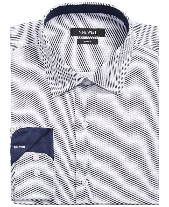 Nine West Men's Slim Fit Dot Print Dress Shirt White Size 15X32