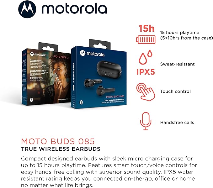 Motorola Moto Buds 085-ट्रू वायरलेस ब्लूटूथ ईयरबड्स जिसमें माइक्रोफ़ोन और USB-C चार्जिंग केस है - IPX5 जल प्रतिरोधी, स्मार्ट टच-कंट्रोल, हल्का आरामदायक-फिट, स्पष्ट ध्वनि और गहरा बेस - काला