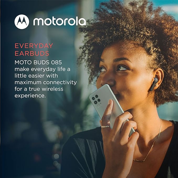 Motorola Moto Buds 085-ट्रू वायरलेस ब्लूटूथ ईयरबड्स जिसमें माइक्रोफ़ोन और USB-C चार्जिंग केस है - IPX5 जल प्रतिरोधी, स्मार्ट टच-कंट्रोल, हल्का आरामदायक-फिट, स्पष्ट ध्वनि और गहरा बेस - काला