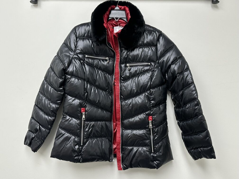 Karl Lagerfeld Women's Faux Fur Collar Short Black Puffer Jacket Size Large