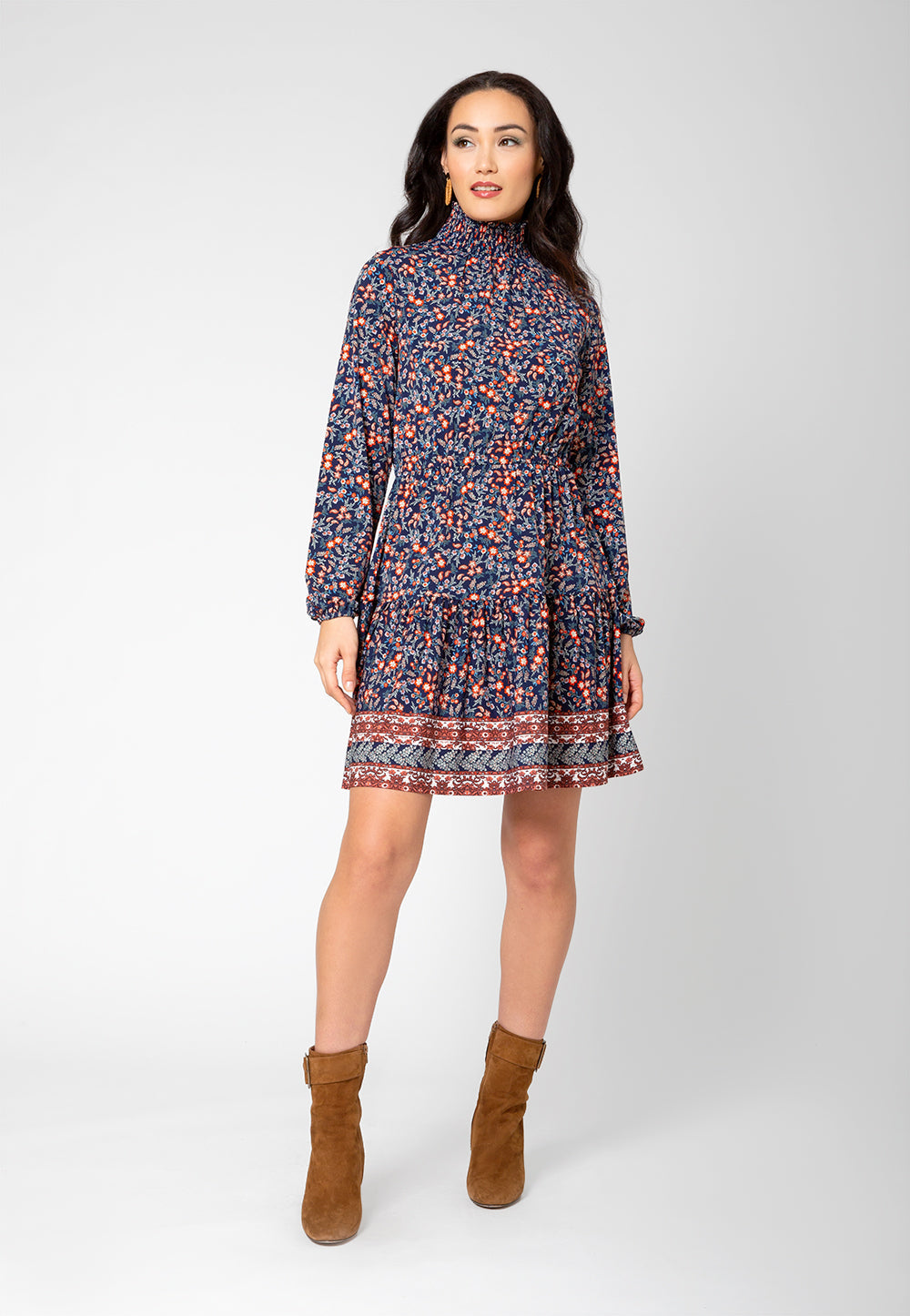 Leota Women's Long Sleeve Olive Boho Tiered Jersey Dress Blue
