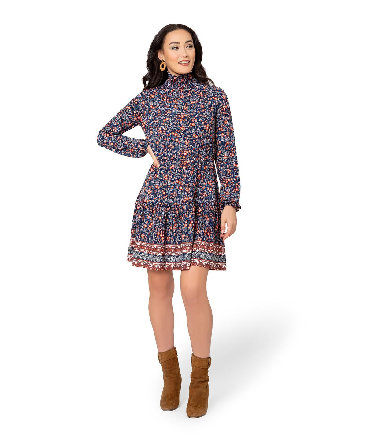 Leota Women's Long Sleeve Olive Boho Tiered Jersey Dress Navy Size XL