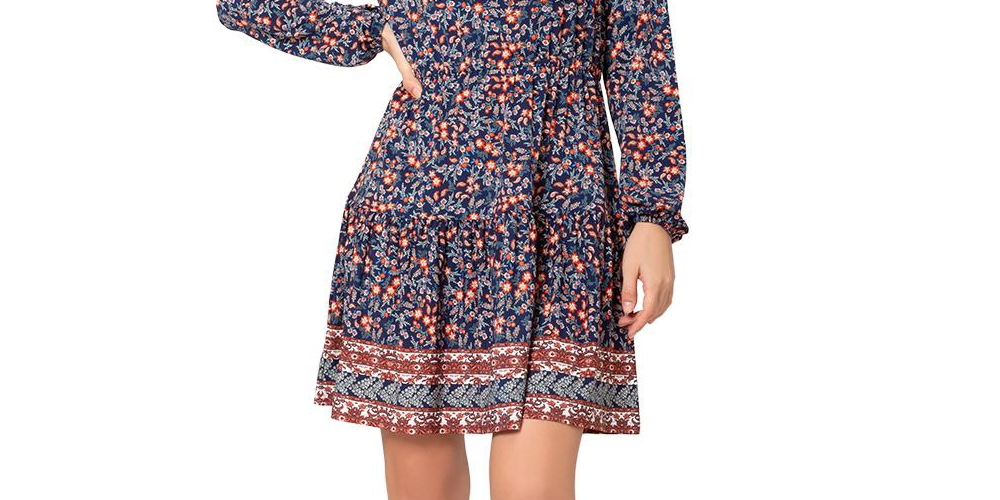 Leota Women's Long Sleeve Olive Boho Tiered Jersey Dress Blue