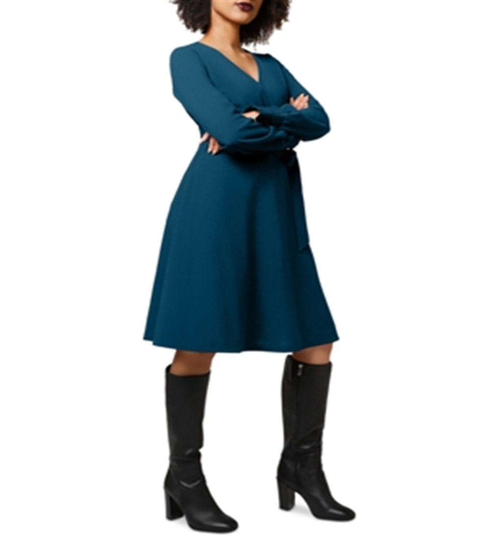 Leota Women's Blouson Sleeve Faux Wrap Dress Blue Size Small
