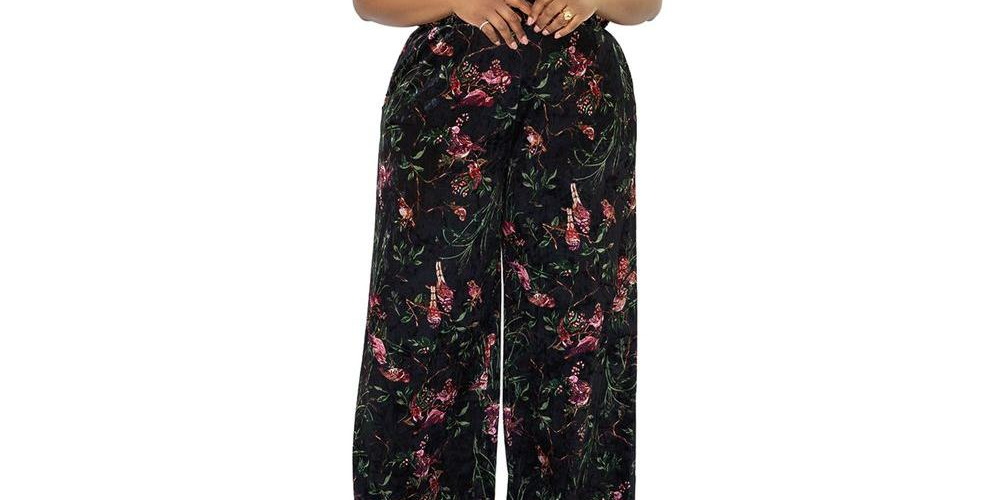 Leota Women's Ruby Floral Stretch Velvet Jumpsuit Black Size 1X