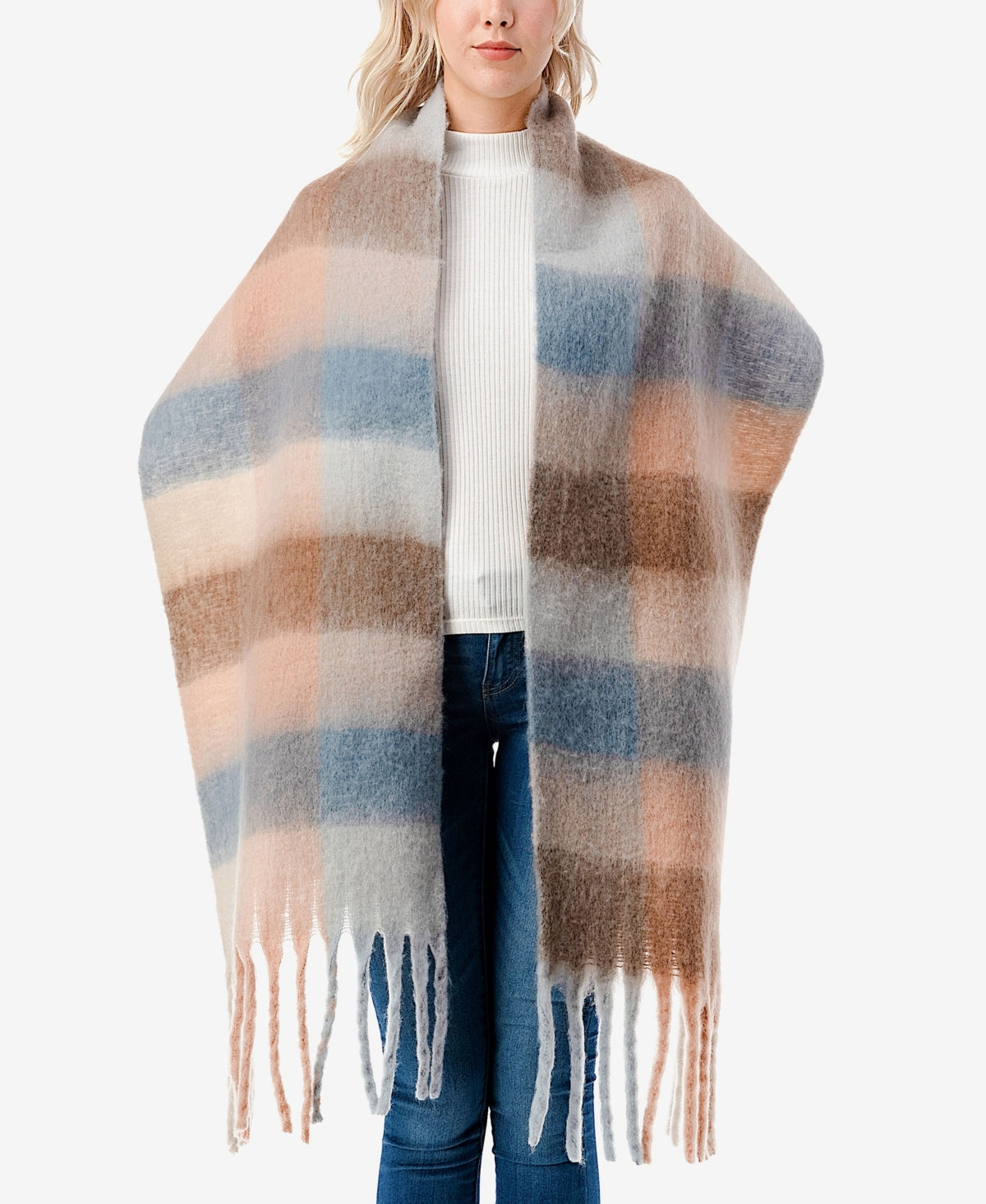 Marcus Adler Women's Cozy Plaid Scarf with Fringe Trim Blue Size Regular