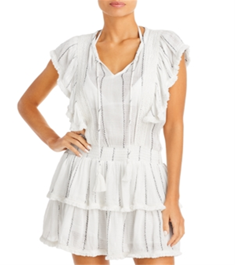 Surf Gypsy Women's Fringe Trim Ruffled Swim Cover Up Swimsuit White Size S