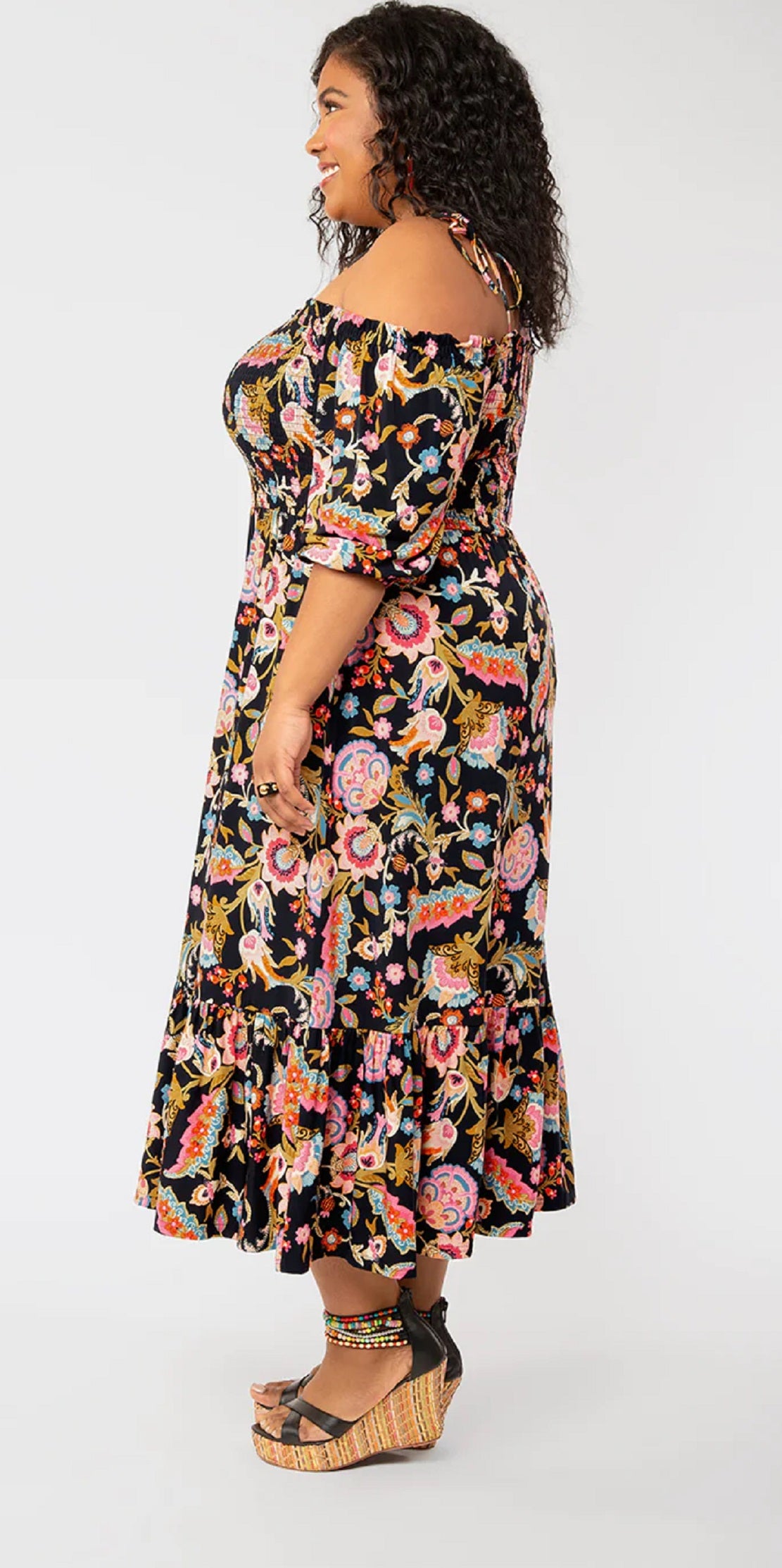 Leota Women's Kelly Lips Print MIDI Dress Black Size 1X
