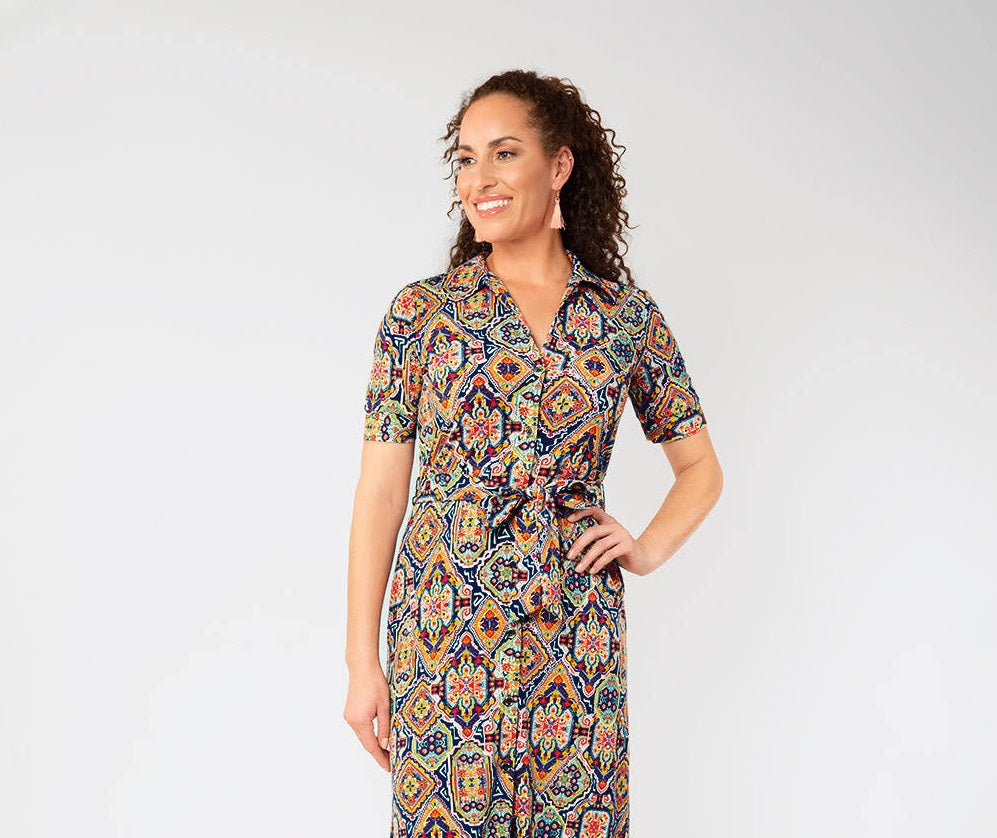 Leota Women's Jade Short Sleeve Button Down Belted Shirt Dress Multi Blue Size Small