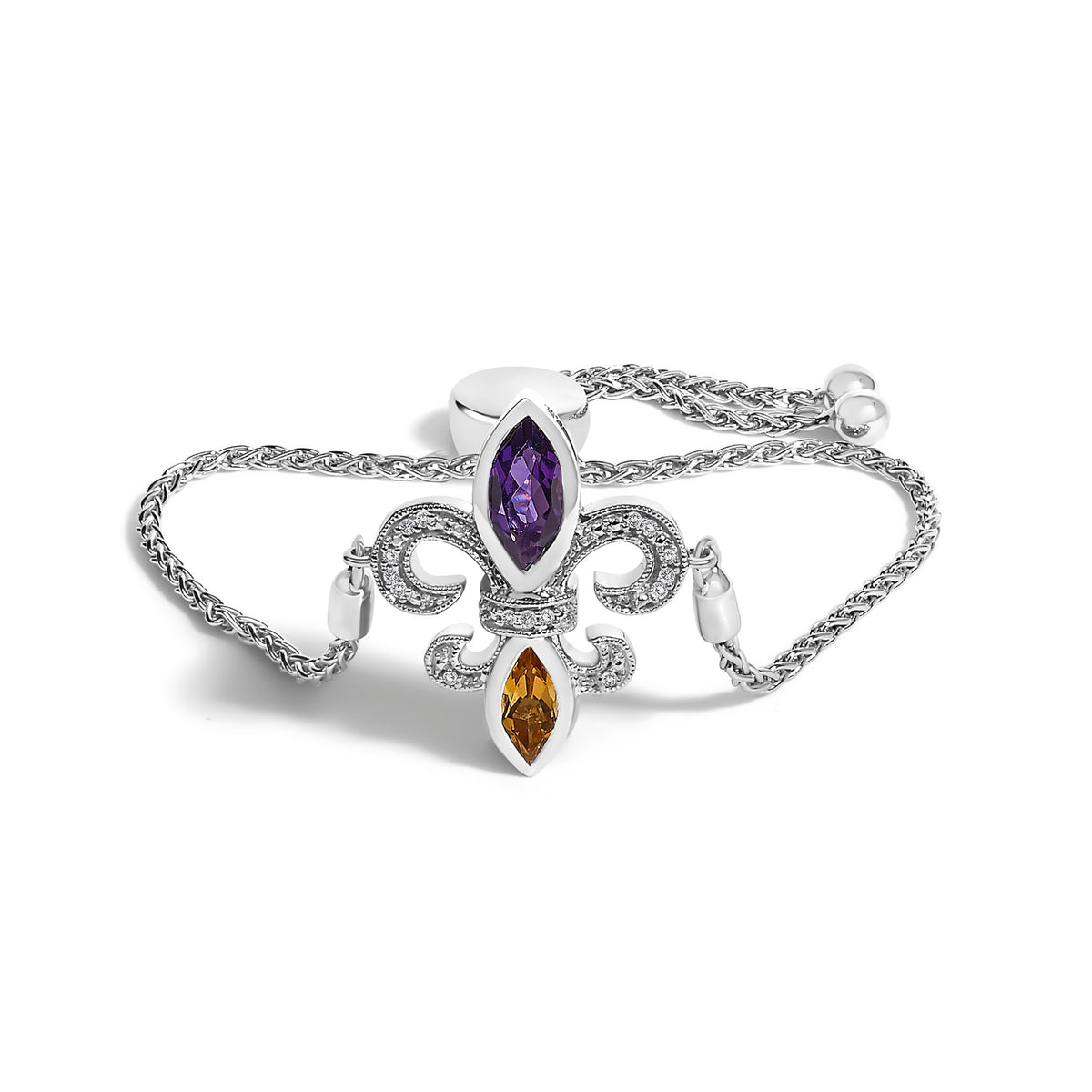 .925 Sterling Silver Marquise Purple Amethyst, Orange Citrine, and Diamond Accent Lariat 4â€-10â€ Fleur De Lis Adjustable Bolo Bracelet (I-J Color, I1-I2 Clarity)