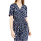Maison Jules Womens Floral-Print Smocked-Waist Dress, Navy, Size Large