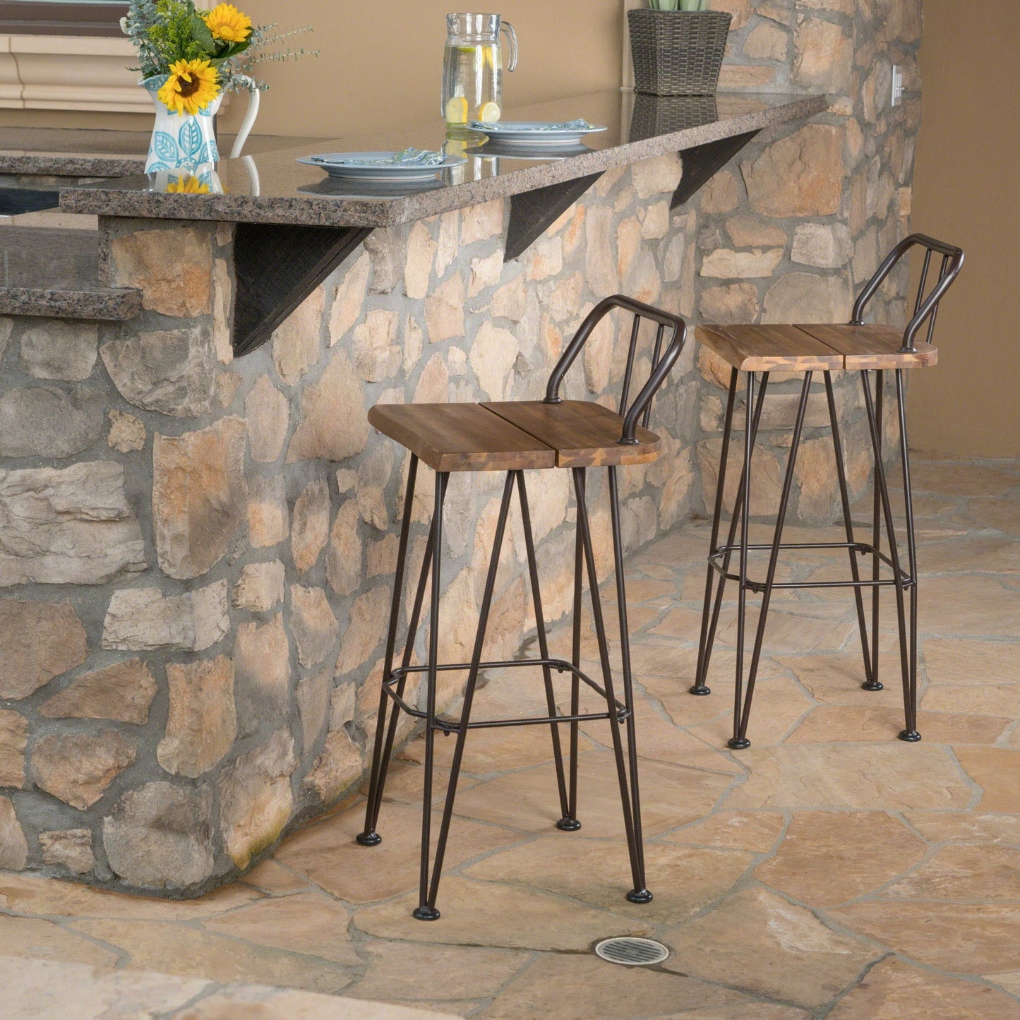 Outdoor Barstool with Angled Metal Legs - Brown