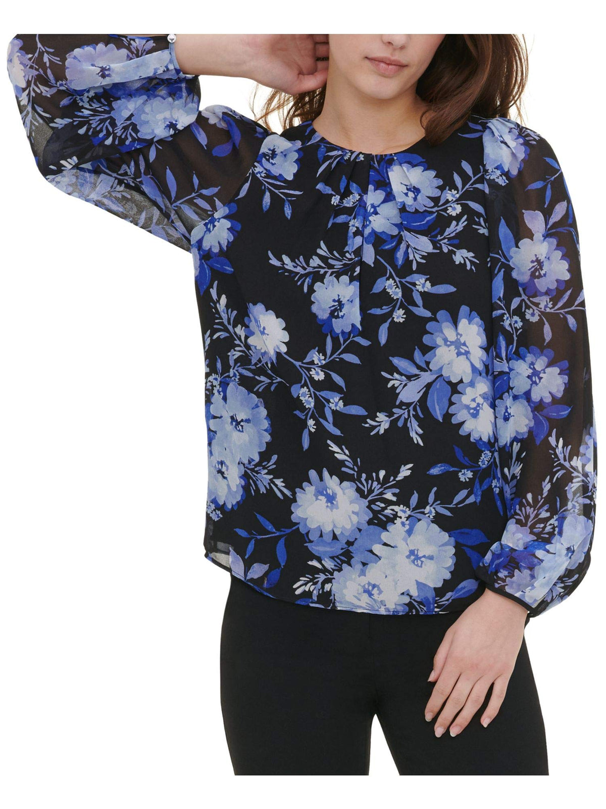 Calvin Klein Womens Blue Floral Long Sleeve Jewel Neck Top S