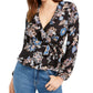 Q & A Womens Floral Print Ruffled Wrap Top Black S