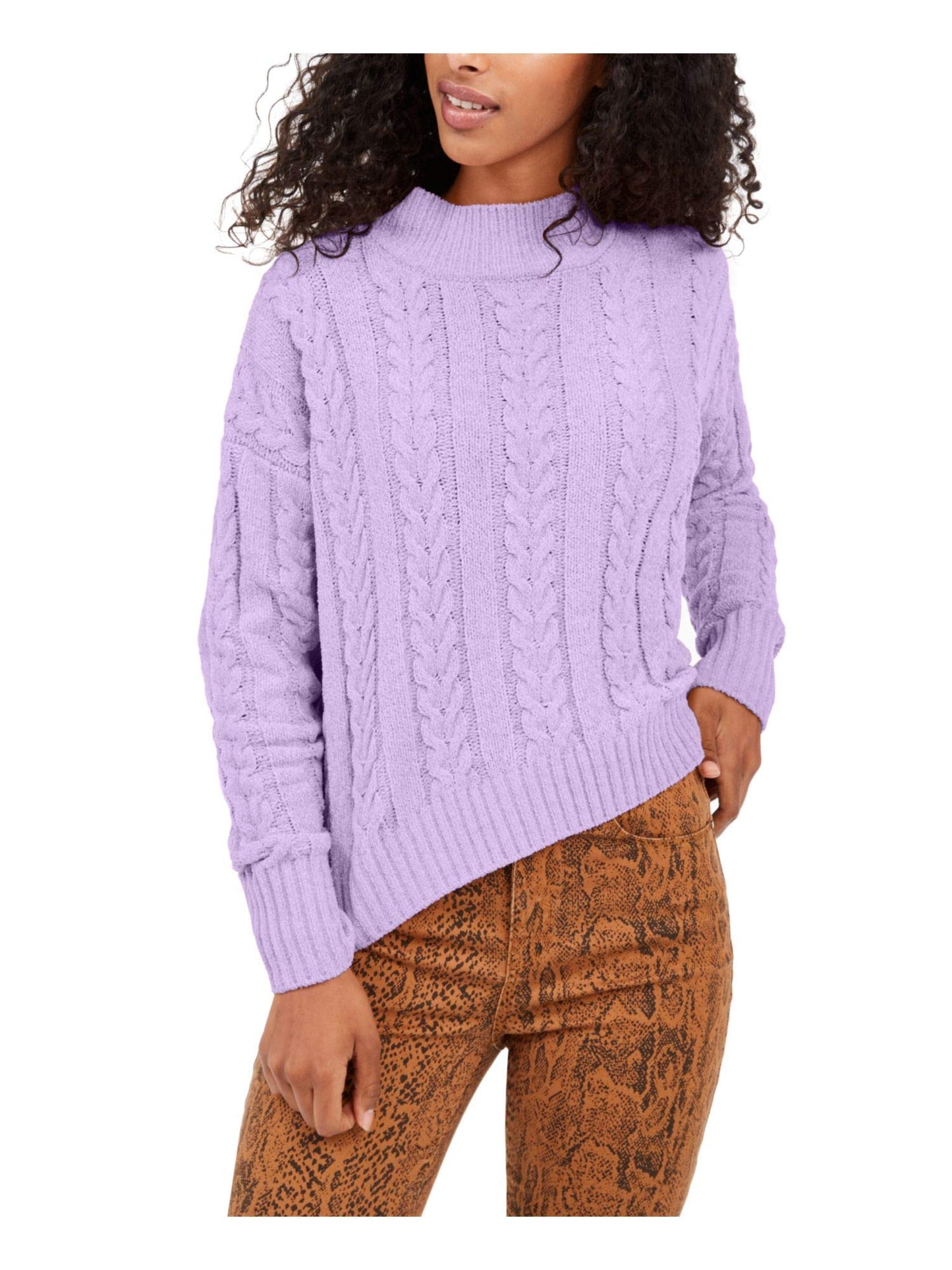 Hippie Rose Womens Purple Textured Ribbed Printed Long Sleeve Turtle Neck Blouse Sweater Size M