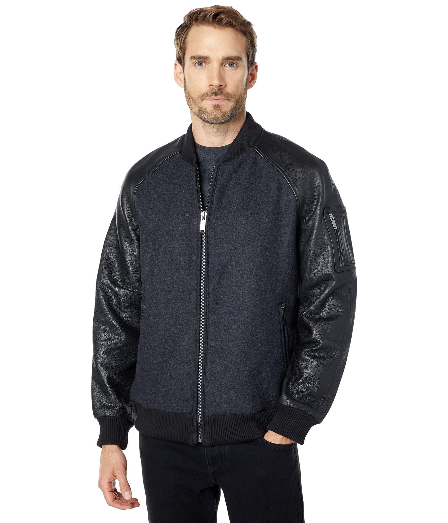 Karl Lagerfeld Paris Wool/Leather Bomber Grey/Black XL