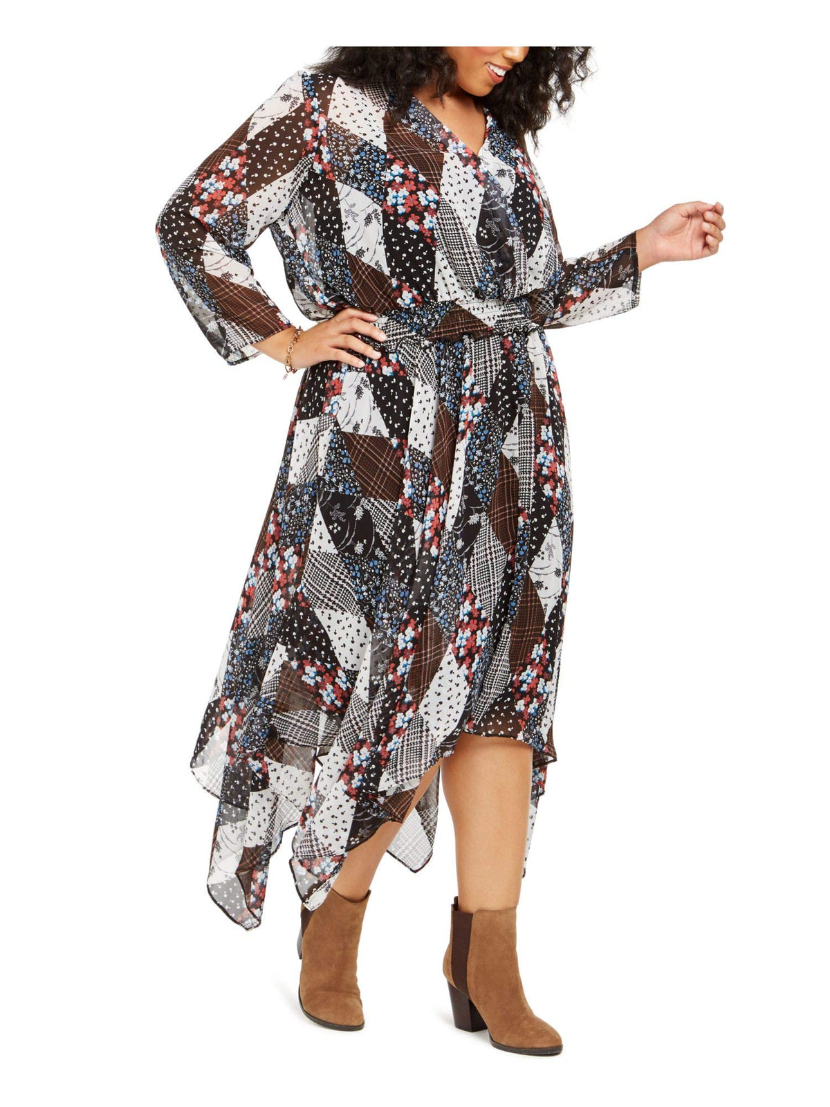 Tommy Hilfiger Womens Black Printed Long Sleeve V Neck Maxi Sheath Dress Size 0X