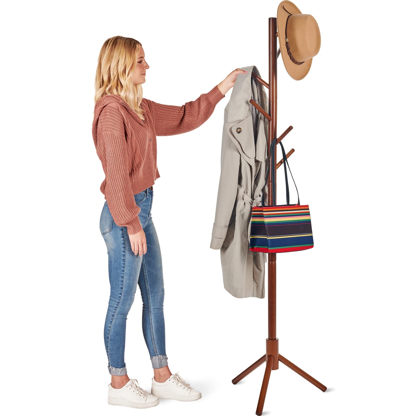 Coat Rack Free Standing - Wooden Coat Tree W/ 6 Hooks