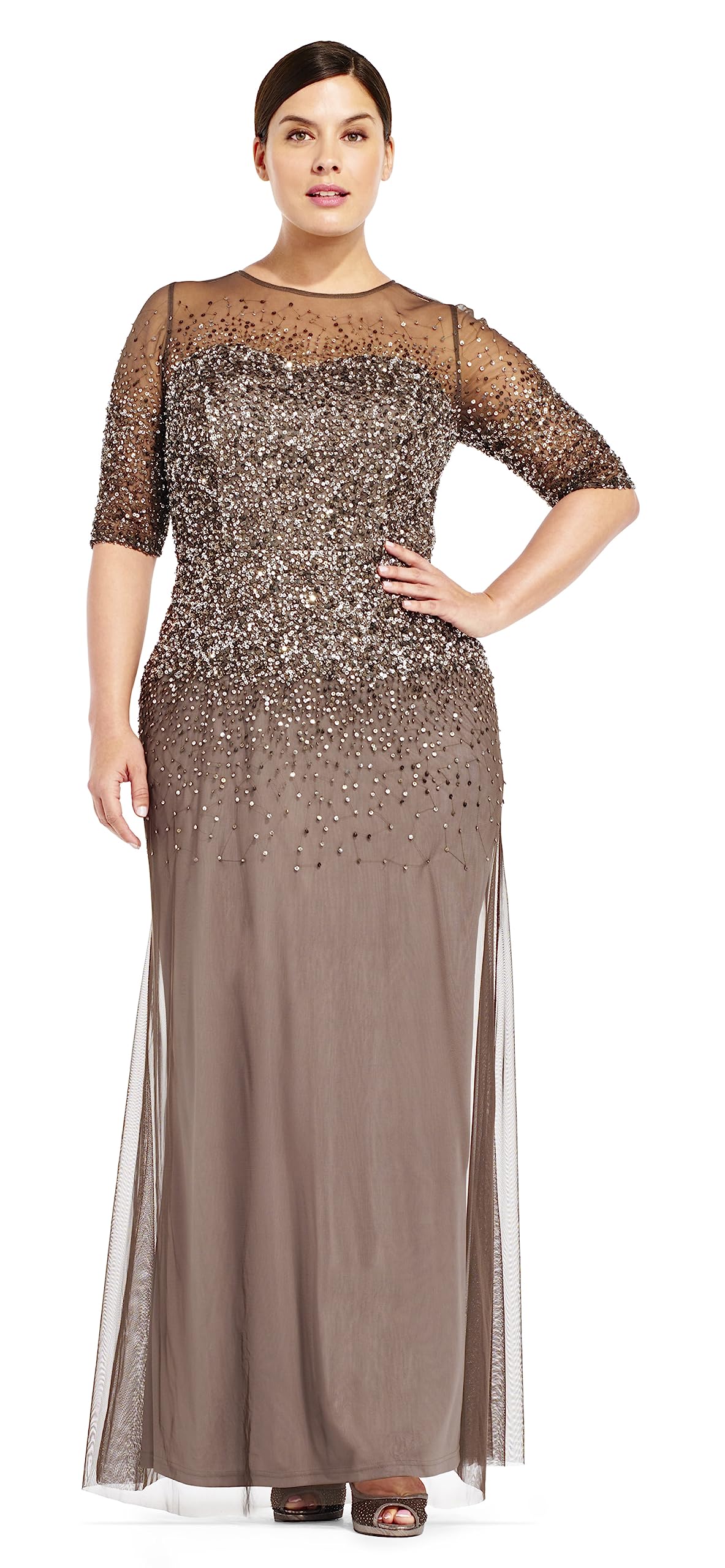 Adrianna Papell Womens Plus Size Beaded Illusion Gown Sweetheart Neckline 3 4 Sleeve Lead 16W