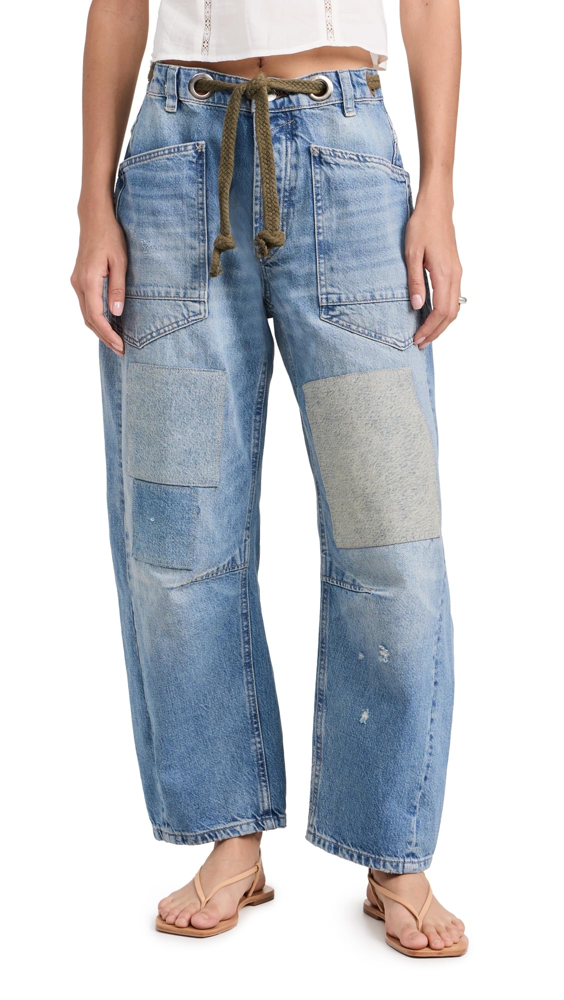 Free People FP Movement Moxie Low Slung Pull On Barrel Pants Truest Blue 32 Regular