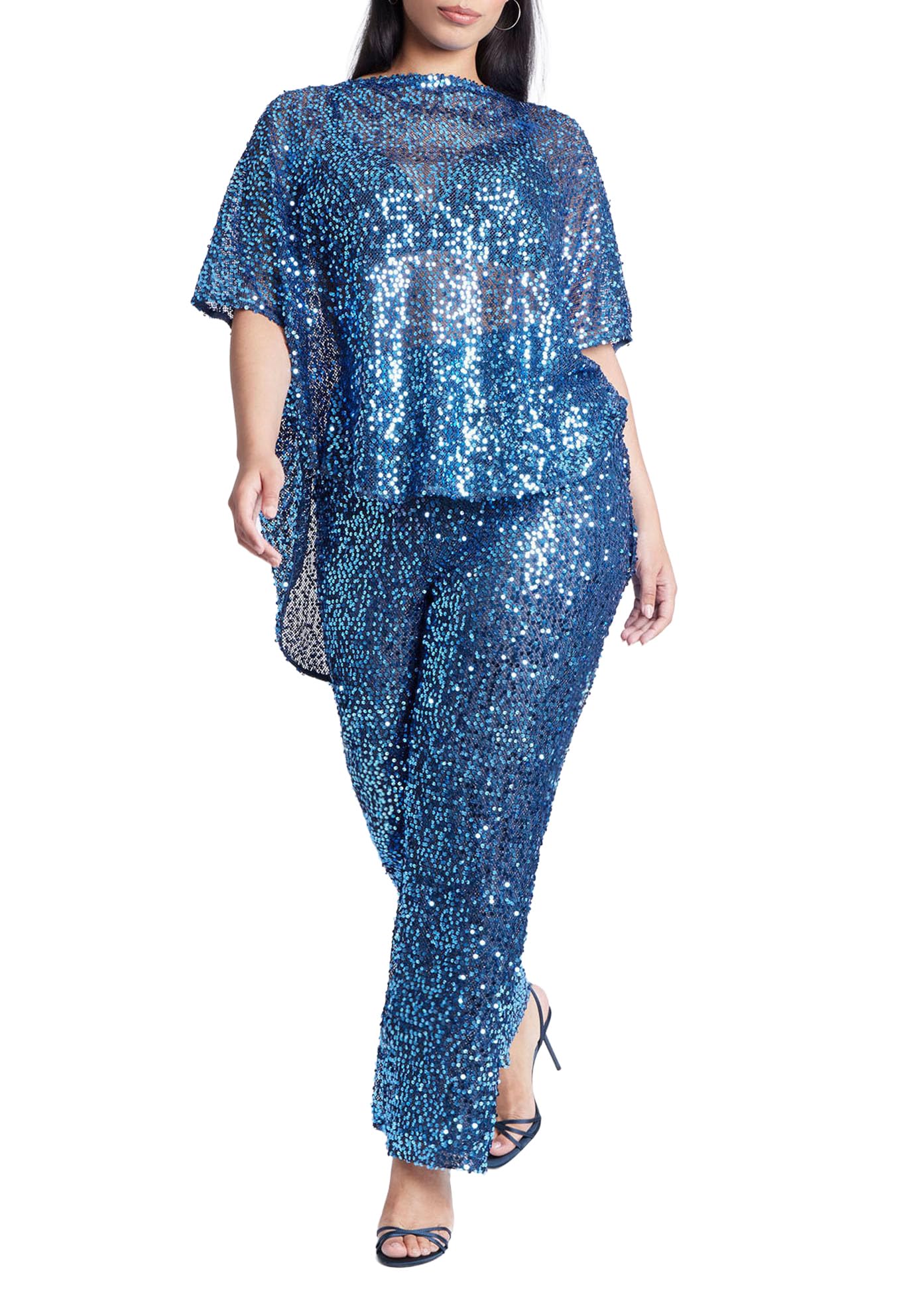ELOQUII Women's Plus Size Sequin Open Mesh Straight Leg Pant - 20, Blue Steel