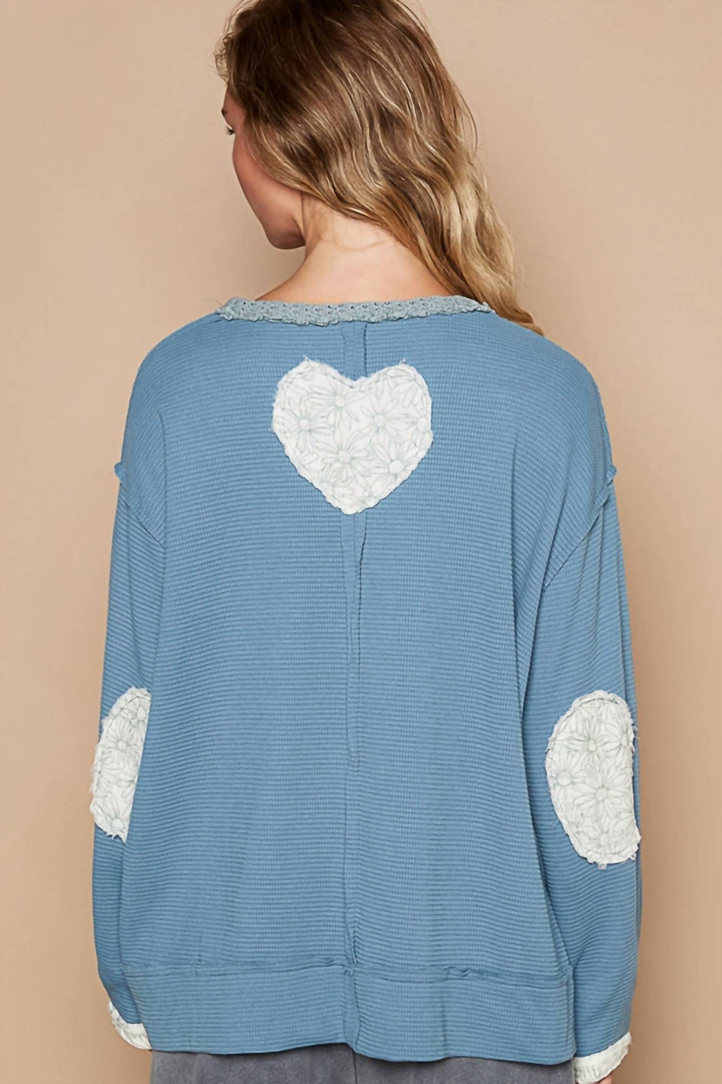 Pol - Round Neck Long Sleeve Thermal Knit Patch Top