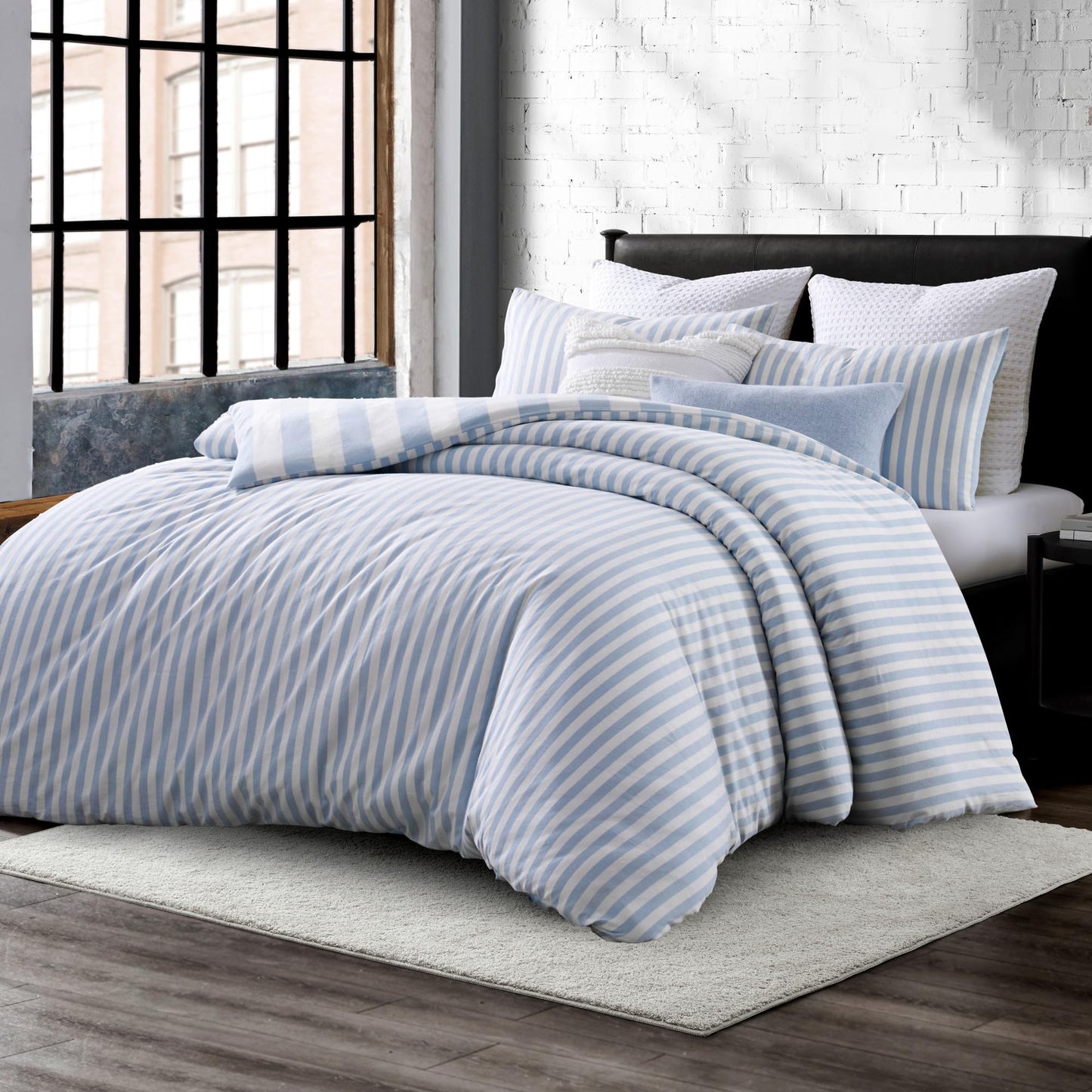 DKNY 3 Piece Full Queen Comforter Set Vintage Washed Cotton Reversible Striped Light Blue