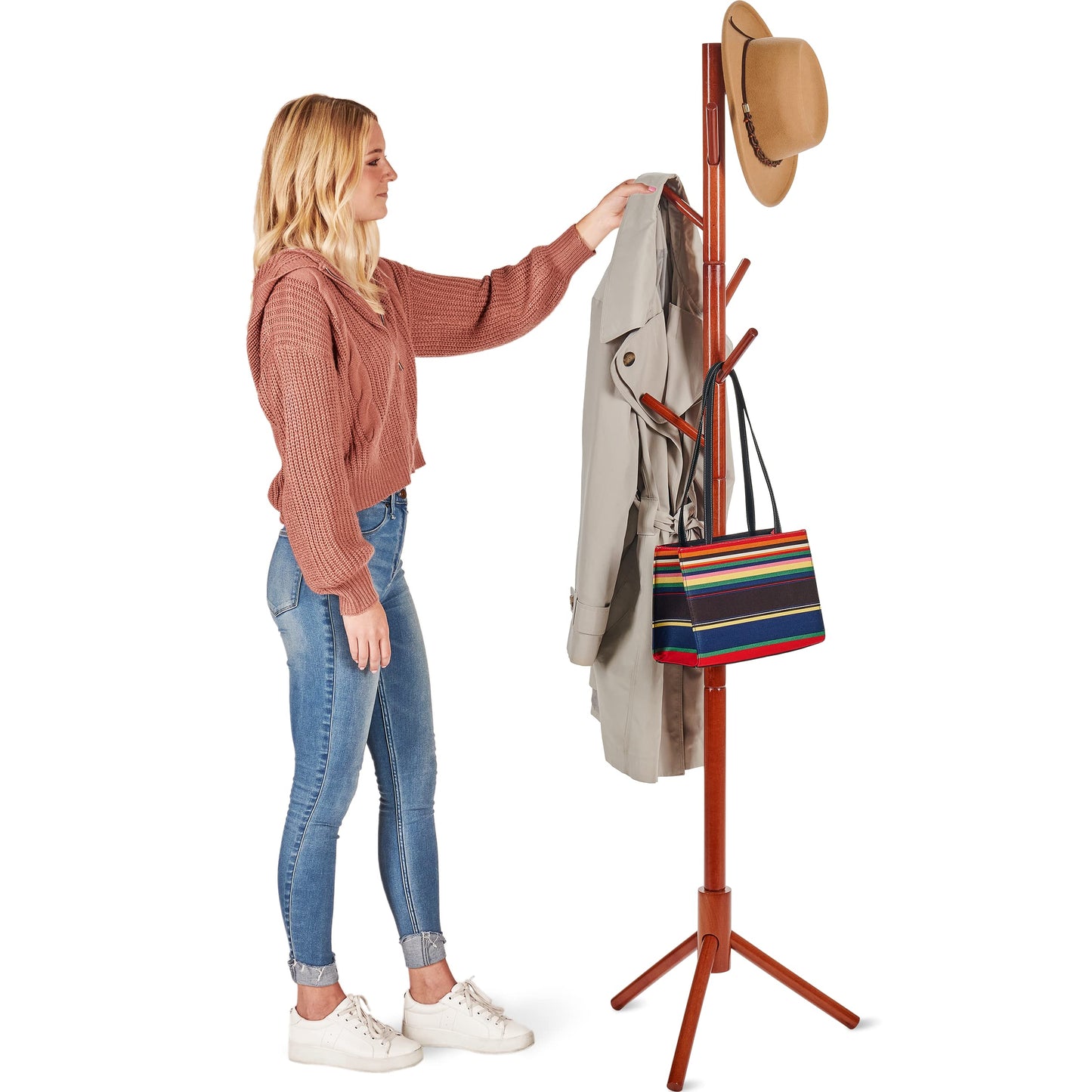 Coat Rack Free Standing - Wooden Coat Tree W/ 6 Hooks