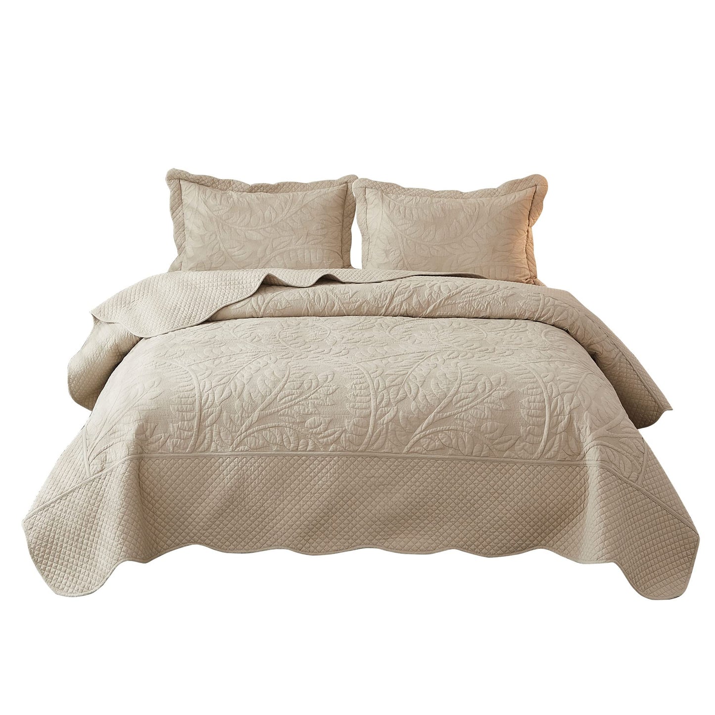 MarCielo Cotton Embroidered King Size Bedspread Set - Khaki Beige