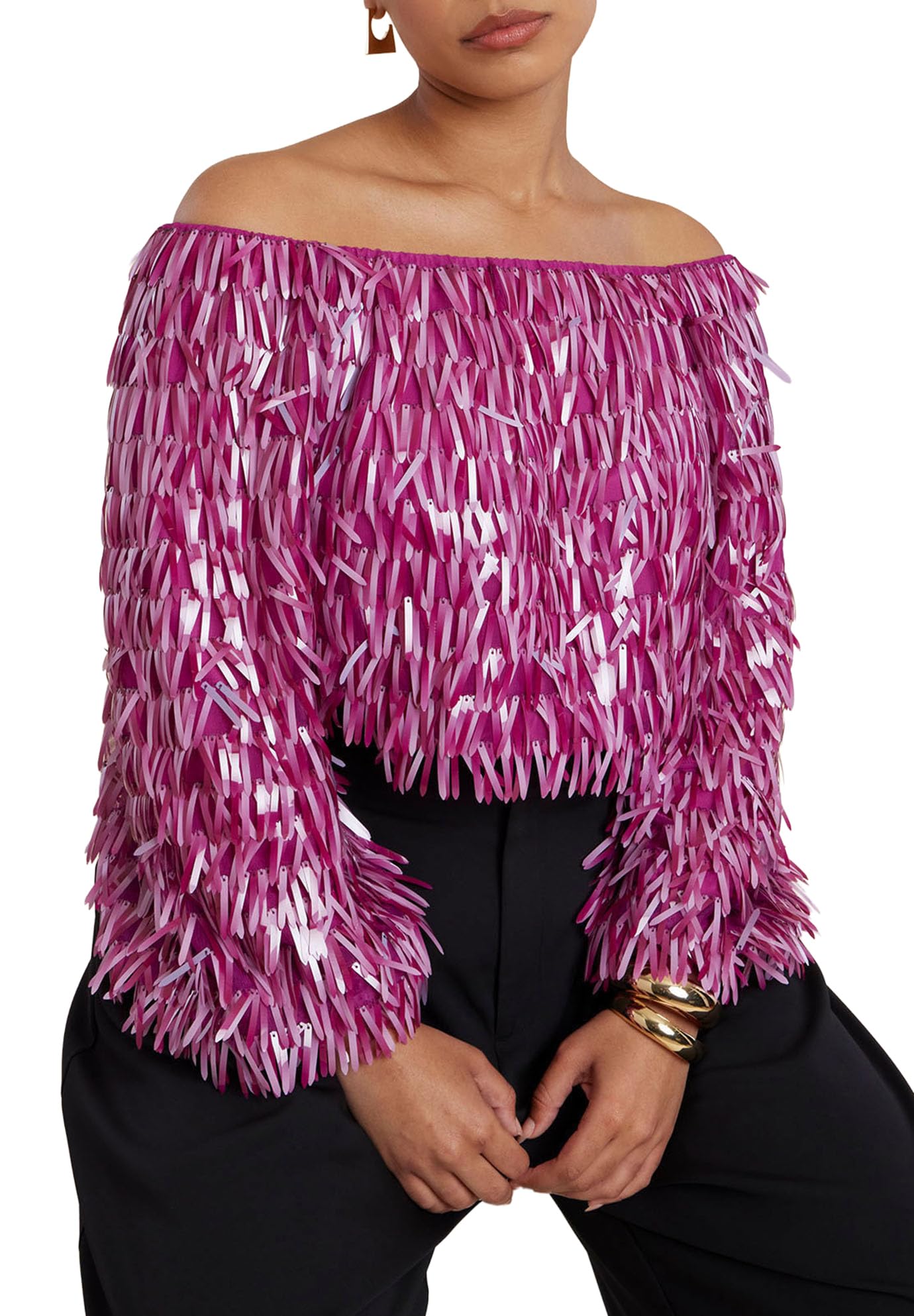 ELOQUII Women's Plus Size Fringe Sequin Off The Shoulder Top - 14, Festival Fuschia