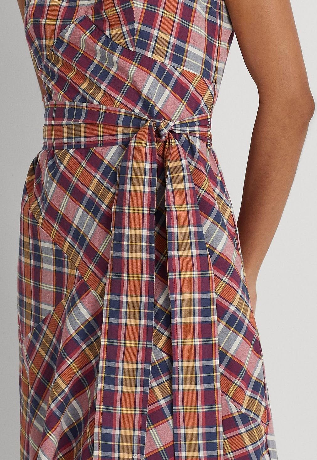 Lauren Ralph Lauren Women’s Belted Cotton Madras Sleeveless Dress Burgundy/Navy Multi 16