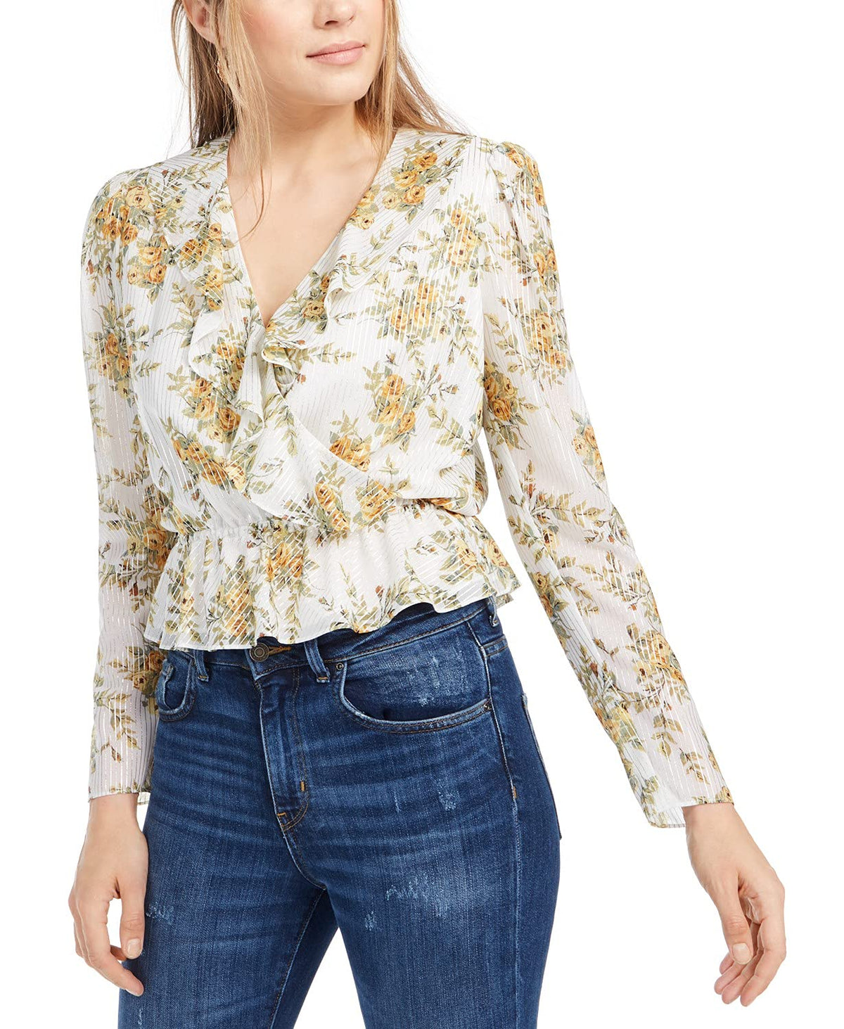 Leyden Womens Wrap Front V-Neck Top Small- Golden Bouquet