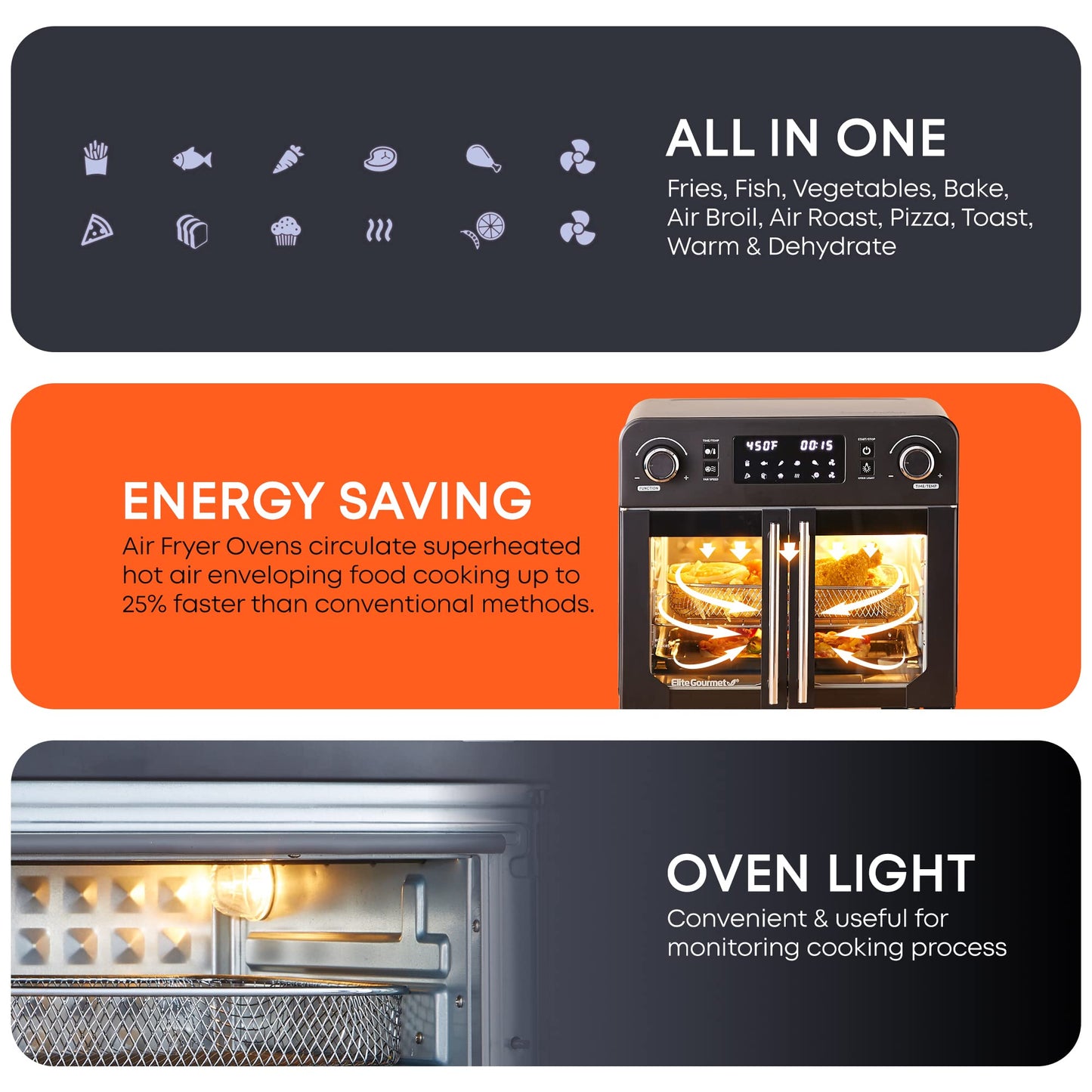 [Elite Gourmet All Steel Exterior French Door Air Fryer Convection Countertop Oven]
