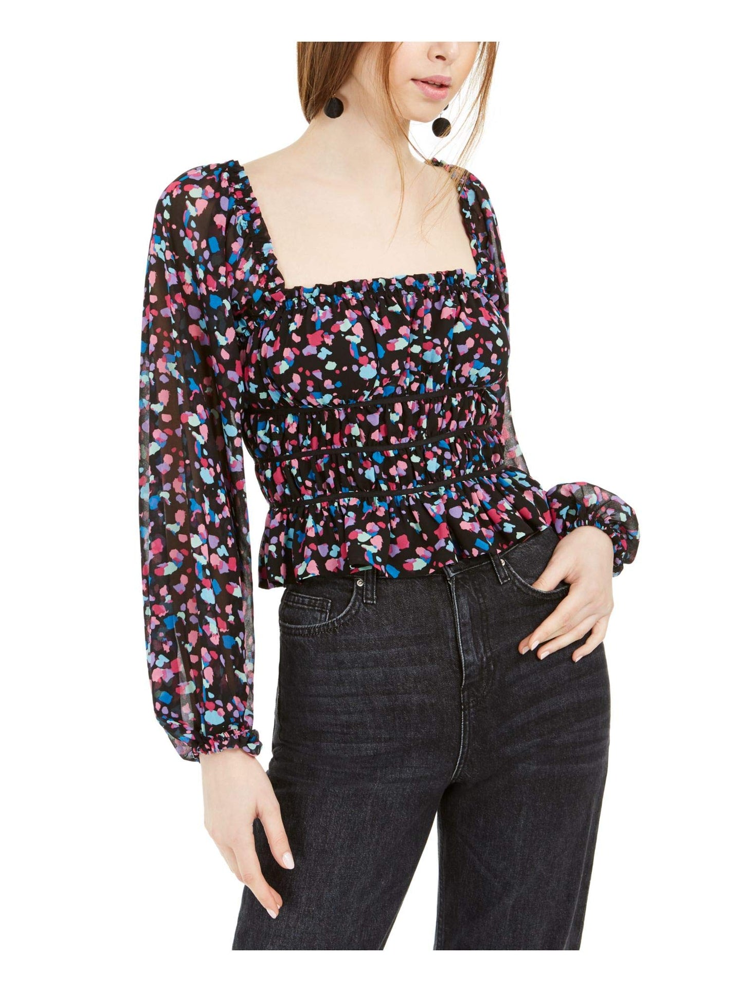 Leyden Womens Juniors Smocked Floral Top Black M