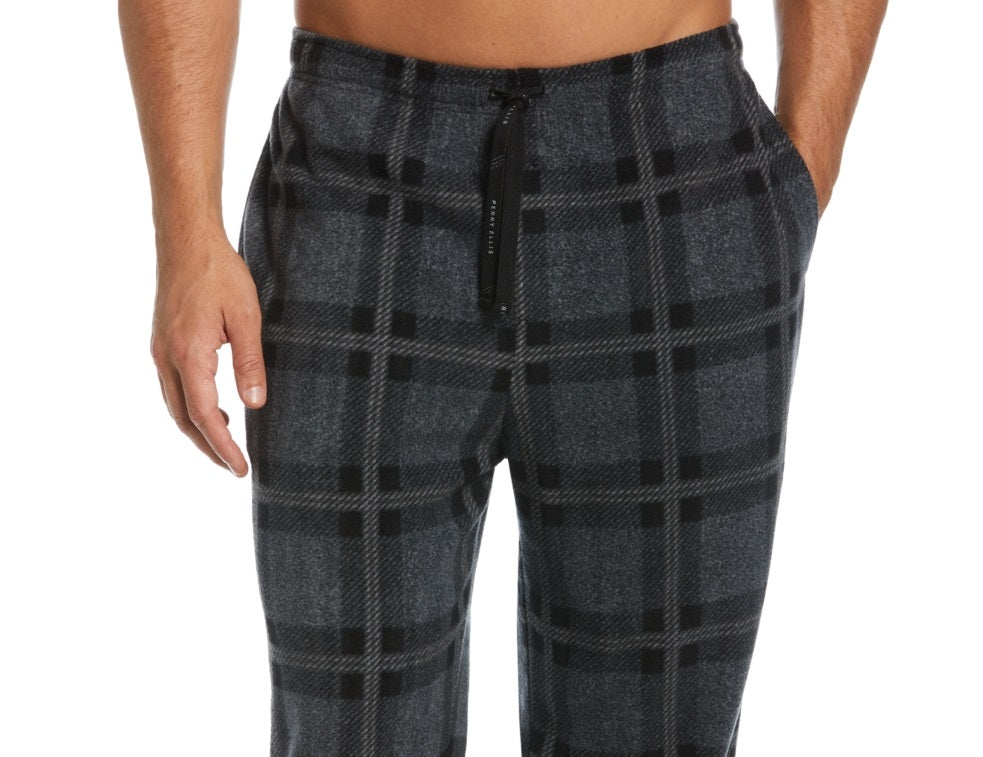 Perry Ellis Portfolio Men's Windowpane Plaid Textured Fleece Pajama Pants Black Size Small