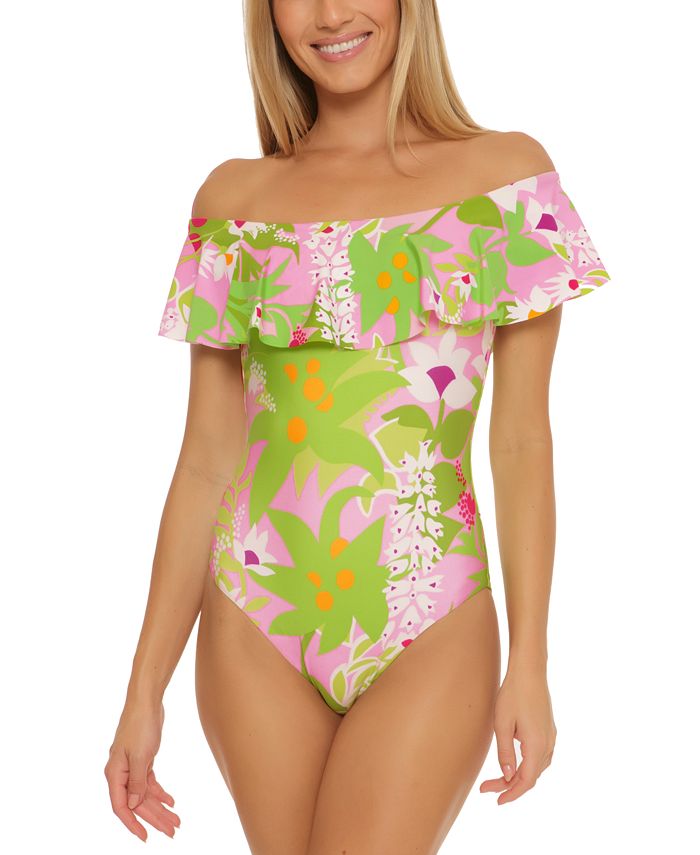 Trina Turk Women's Ruffle Off The Shoulder One Piece Swimsuit Green Size 4