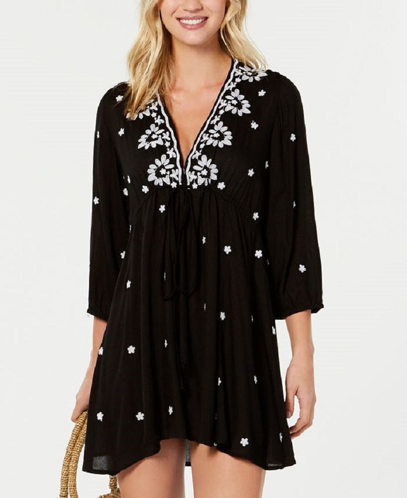 Raviya Women's Embroidered 3/4 Sleeve Dress Cover Up Swimsuit Black