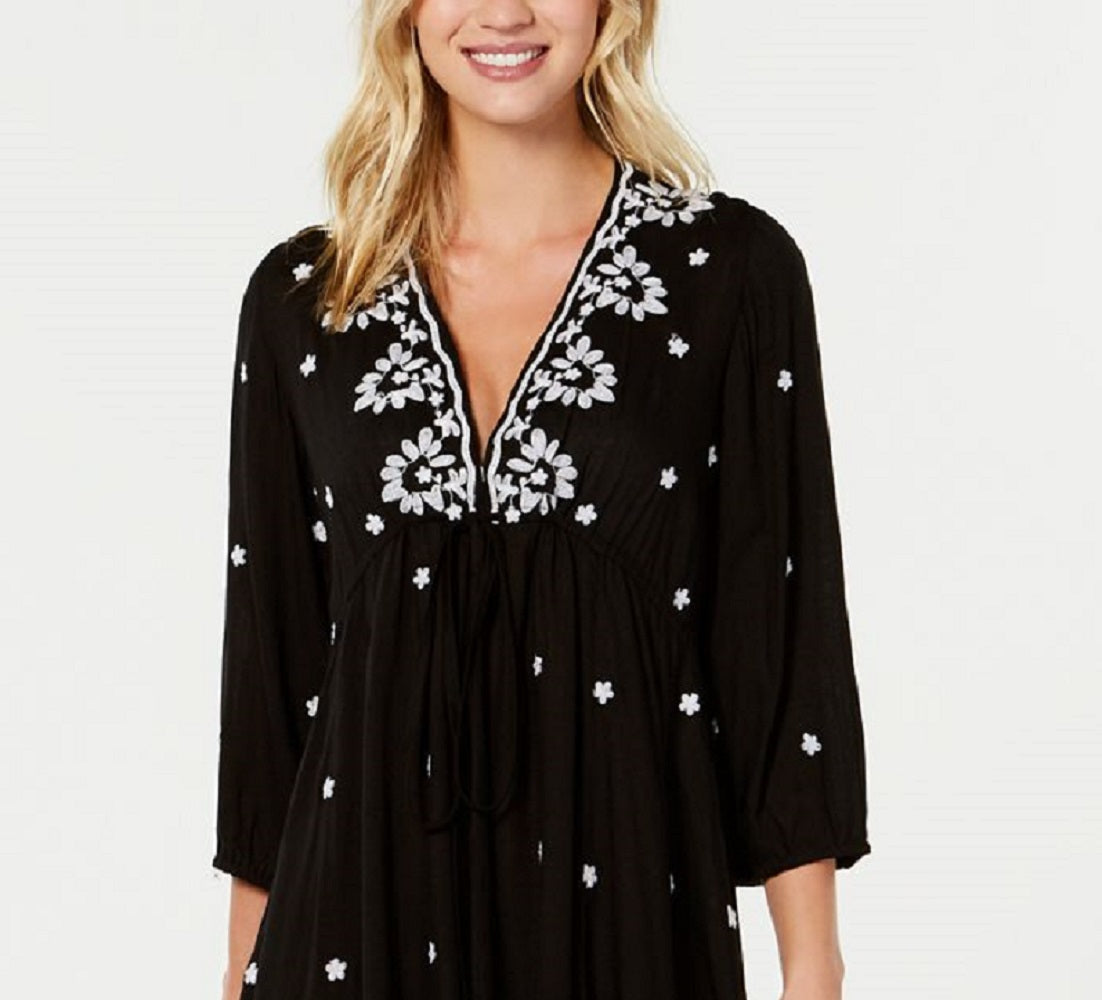 Raviya Women's Embroidered 3/4 Sleeve Dress Cover Up Swimsuit Black