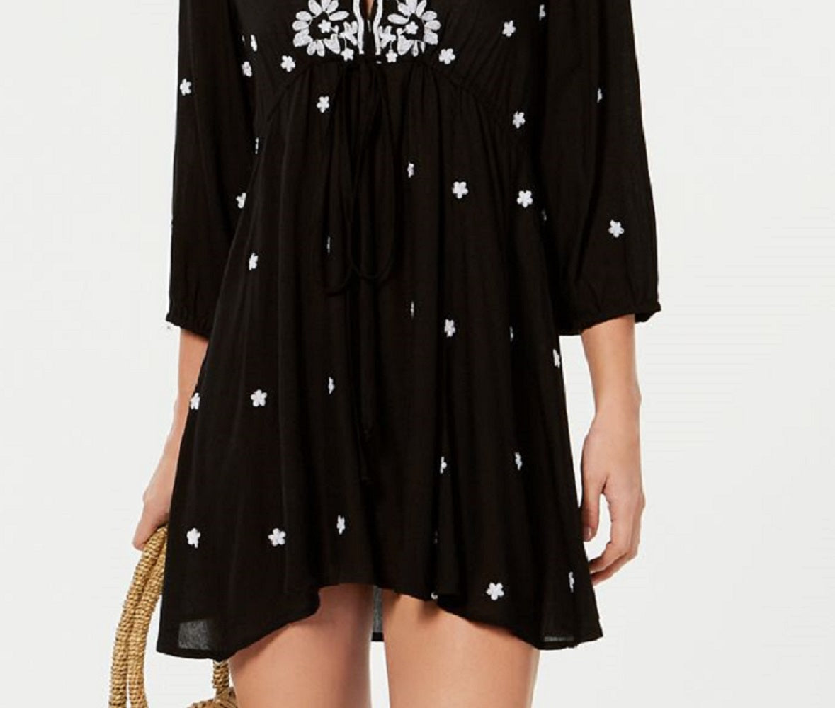Raviya Women's Embroidered 3/4 Sleeve Dress Cover Up Swimsuit Black