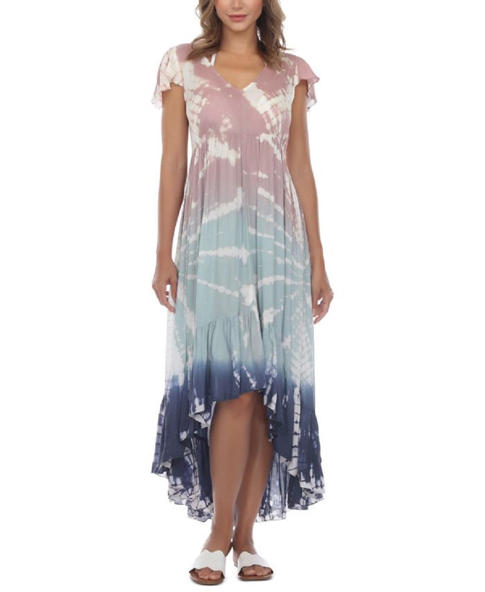 Raviya Women's Tie Dyed Flutter Sleeve High Low Cover Up Dress Swimsuit Gray Size Medium
