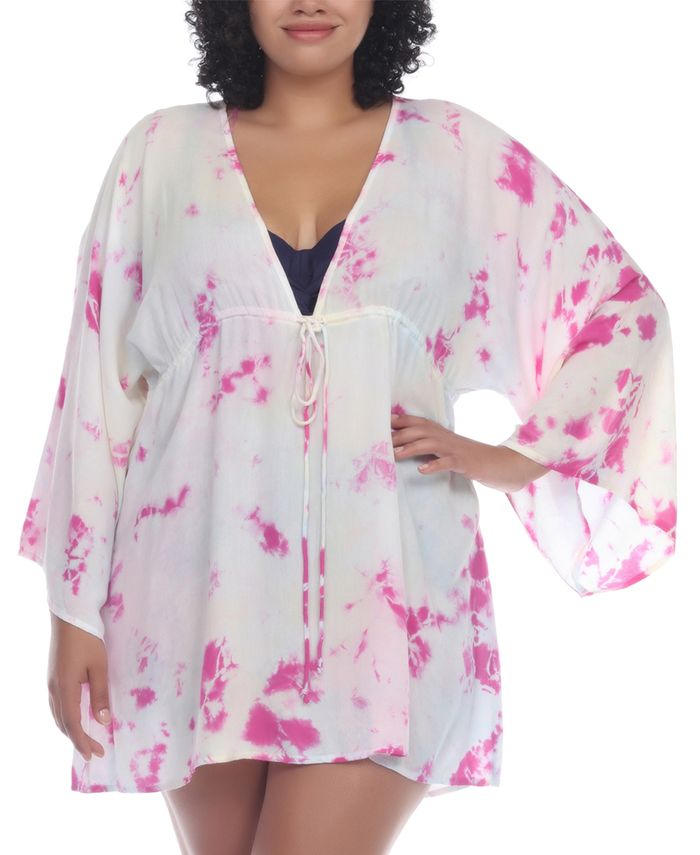 Raviya Women's Tie Dye Draw Waist Tunic Cover Up Swimsuit White Size 1X