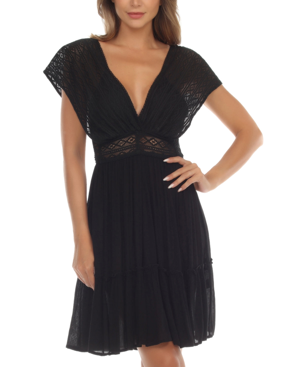 Raviya Women's Lace Insert Tie Back Dress Cover Up Swimsuit Black Size Medium