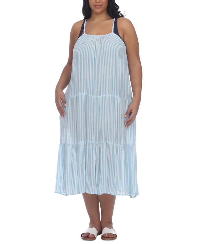 Raviya Women's Plus Tiered Midi Dress Cover Up Swimsuit Blue Size 1X