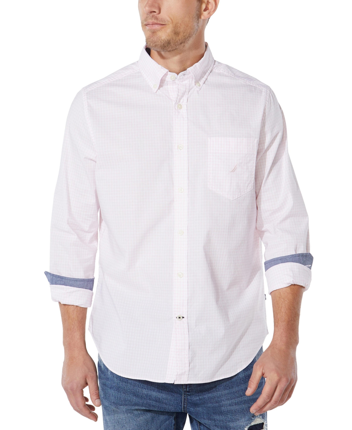 Nautica Men's Classic Fit Gingham Shirt Pink Size Large