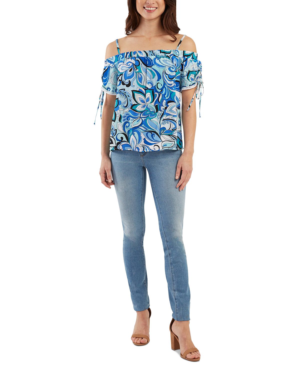BCX Junior's Off The Shoulder Drawstring Sleeve Top Blue Size X-Small