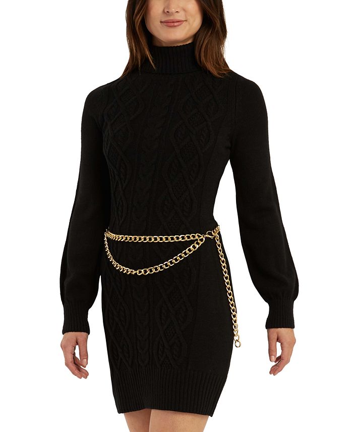 BCX Junior's Long Sleeve Chain Belt Sweater Dress Black Size Medium