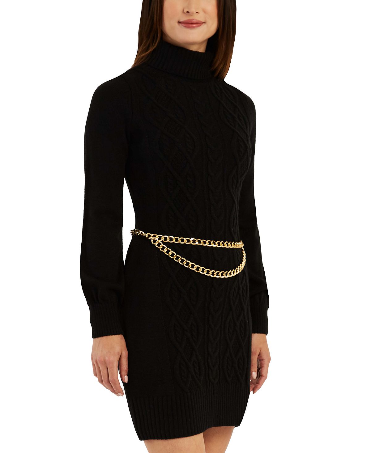 BCX Junior's Long Sleeve Chain Belt Sweater Dress Black Size Medium